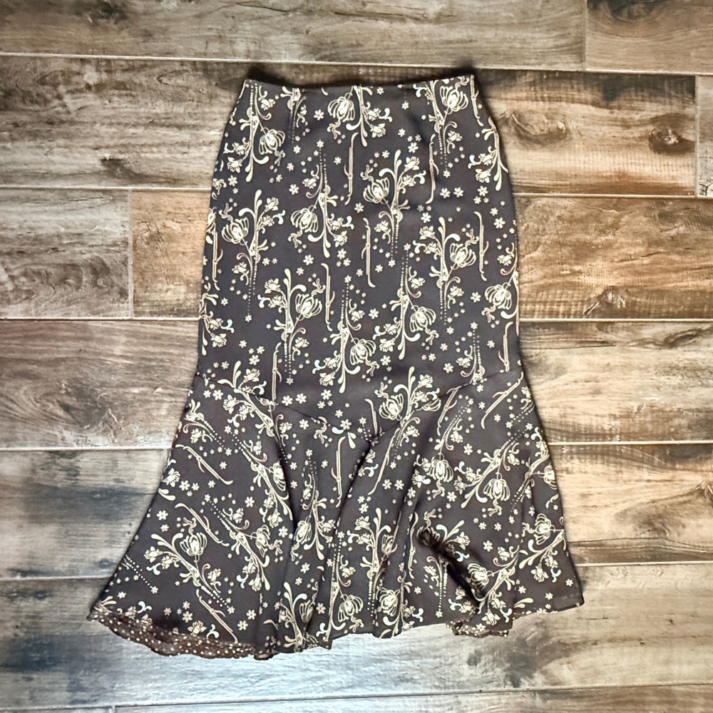 Emma James VTG 90s Reversible Art Nouveau Floral Flare Midi Skirt, Black Brown,6